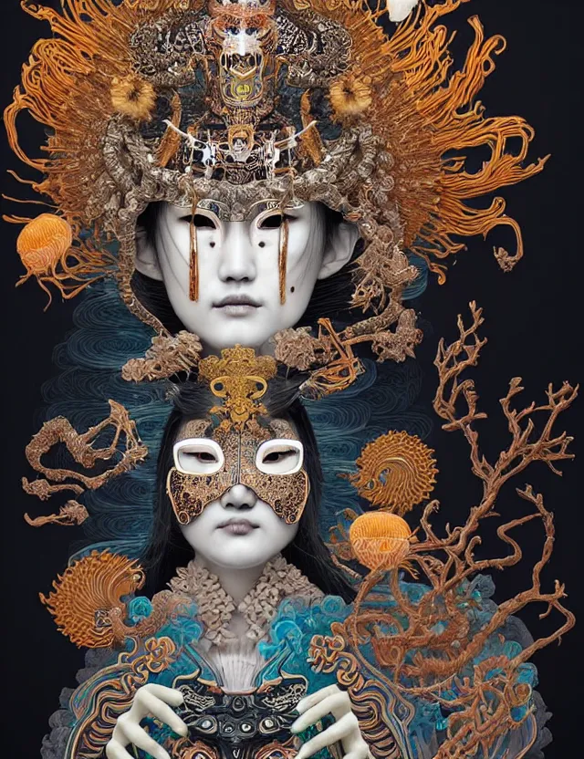 Image similar to goddess portrait with mask and crown made of ram skull. beautiful intricately detailed japanese crow kitsune mask and clasical japanese kimono. betta fish, jellyfish phoenix, bioluminescent, plasma, ice, water, wind, creature, super intricate ornaments artwork by tooth wu and wlop and beeple and greg rutkowski