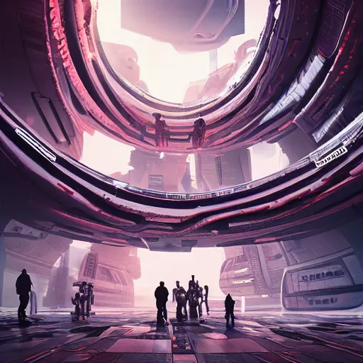 Prompt: futuristic colony on mars with alien and robot pedestrians walking in between giant buildings in the style of petros afshar, cg society, trending on artstation,