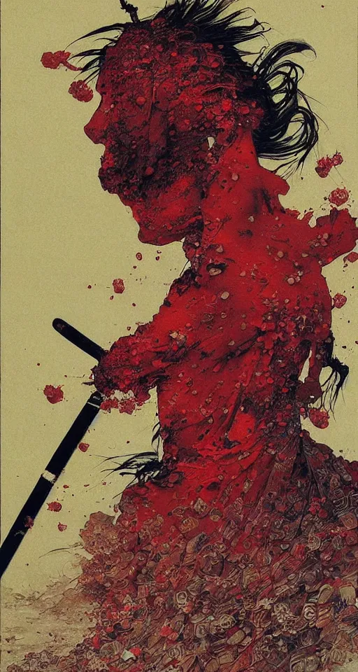 Image similar to Japanese schoolgirl runs away from Samurai with a katana on the subway, high detailed Beksinski painting, part by Adrian Ghenie and Gerhard Richter. art by Takato Yamamoto. masterpiece, deep colours, red