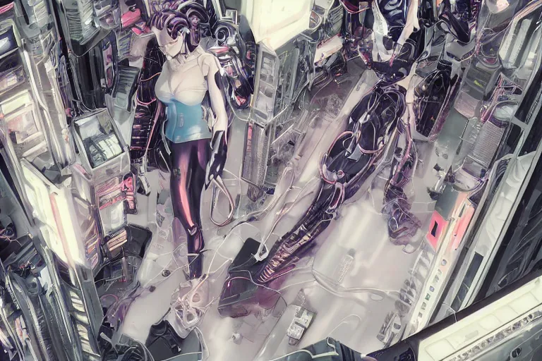 Image similar to a finely composed cyberpunk illustration of a group of female androids in style of hajime sorayama, lying on an abstract, empty, white floor with their body parts scattered around and cables and wires coming out, by katsuhiro otomo and masamune shirow, hyper-detailed, intricate, colorful, view from above, wide angle, close up, beautiful