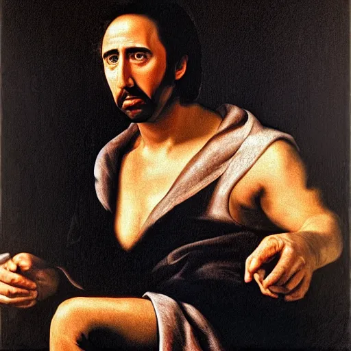 Prompt: highly detailed portrait of nicolas cage without a shirt laying down inside of a banana, 4 k, in the style of caravaggio, monet, botticelli and dali