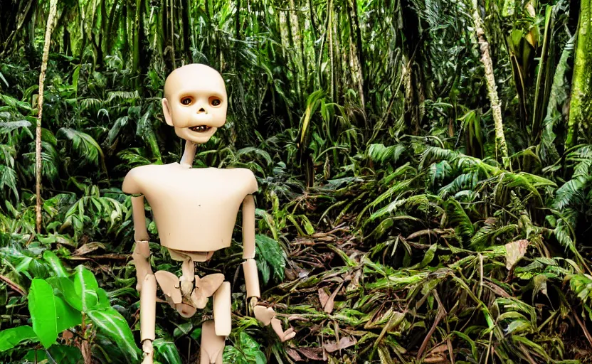 Prompt: a dummy in the rainforest, photography