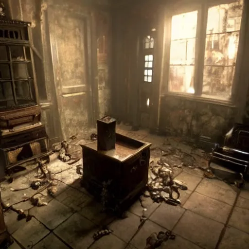 Prompt: room of a dark mansion, objects from ritual in the ground, realistic, highly detailed, background of resident evil game