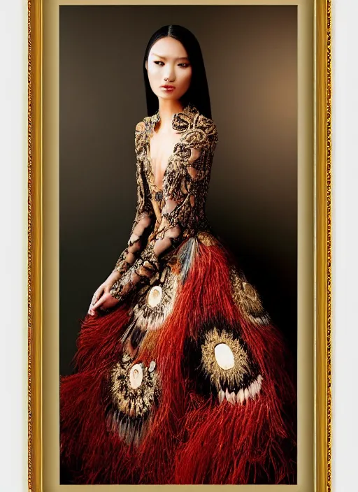 Image similar to glorious and luxurious haute couture dress on indigenous model woman with smooth skin, portrait, voluminous, masterpiece, intricate