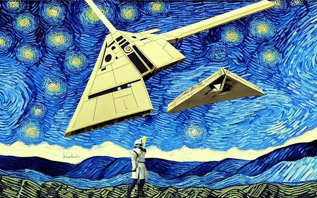 Prompt: star wars star destroyers in the sky of the starry night with by van gogh