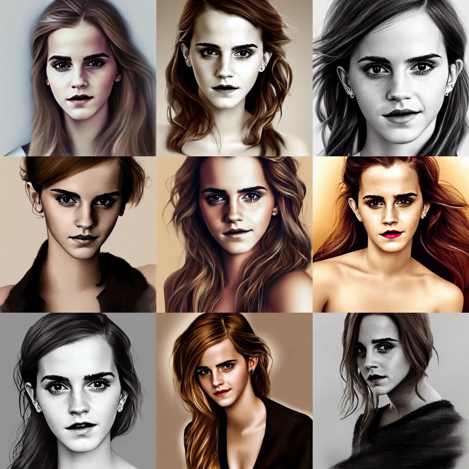 Prompt: alluring portrait photograph of emma watson, full body, 2 1 mm, elegant, sensual, intricate, naughty smile, sultry, smooth, illustration, digital painting