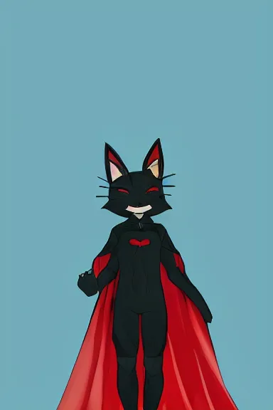 Prompt: little boy with cat ears in an black outfit with red cape. digital artwork made by lois van baarle and kentaro miura, sharpness focus, inspired by hirohiko araki, anatomically correct, heroic composition, hero pose, smooth