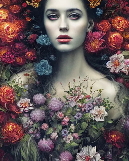 Image similar to portrait of the queen of the underworld, surrounded by flowers by karol bak, james jean, tom bagshaw, rococo, trending on artstation, cinematic lighting, hyper realism, octane render, 8 k, hyper detailed.