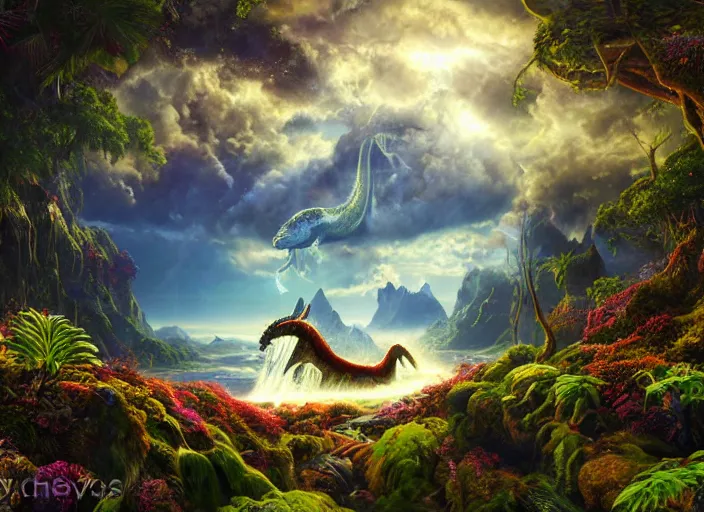 Prompt: photorealistic fantasy oil painting, great leviathan, magical unicorn, rainforest mountains, lush plants flowers, epic natural light, bright clouds, luminous sky, outer worlds, bright cinematic lighting, michael cheval, michael whelan, vray, 8 k hd