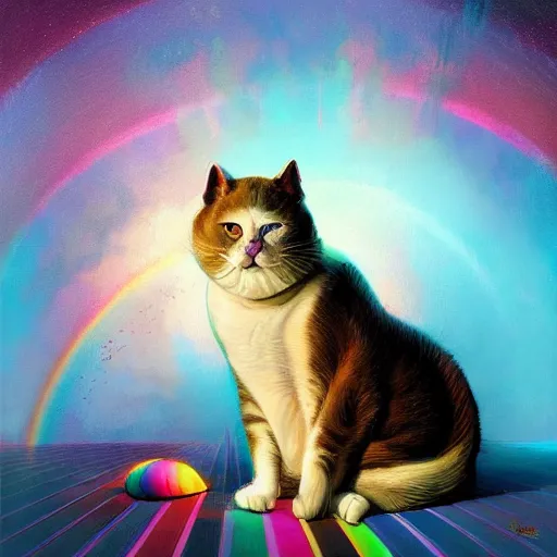 Image similar to a dramatic body portrait of an obese cat with rainbows and space behind it, cinematic lighting, symmetric face by karol bak, christopher balaskas