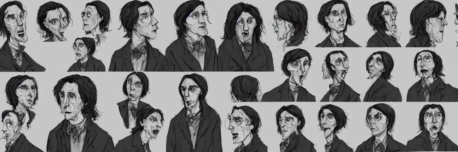 Image similar to character study of paul dano and tim burton, clear faces, emotional, character sheet, fine details, concept design, contrast, kim jung gi, pixar and da vinci, trending on artstation, 8 k, full body and head, turnaround, front view, back view, ultra wide angle