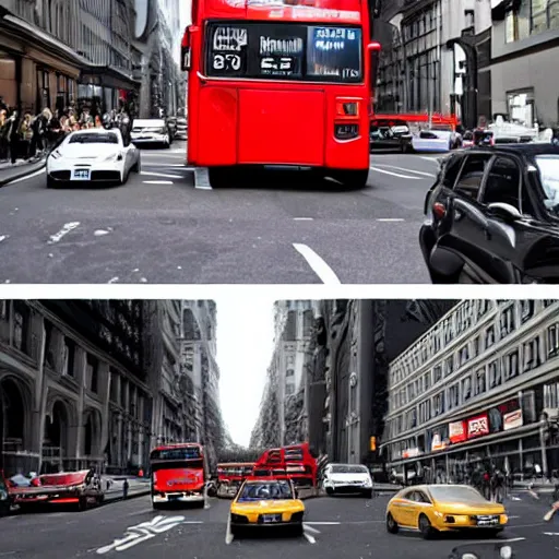 Prompt: a typical london bus colliding with a gigantic nike air max 9 0 in the 5 th avenue, new york, realistic, by origiful, 4 k