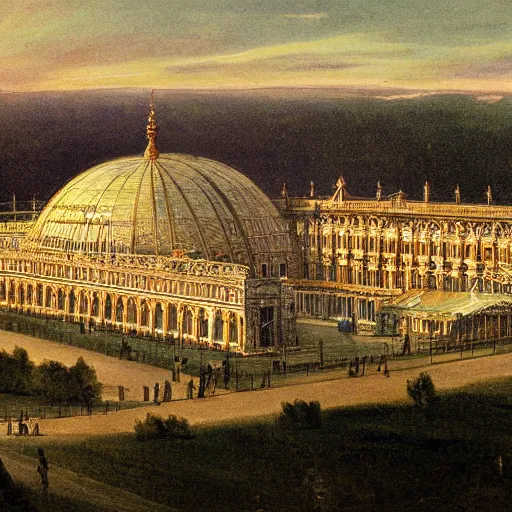 Image similar to a color photograph of the crystal palace, london exhibition of 1 8 5 1, golden hour,