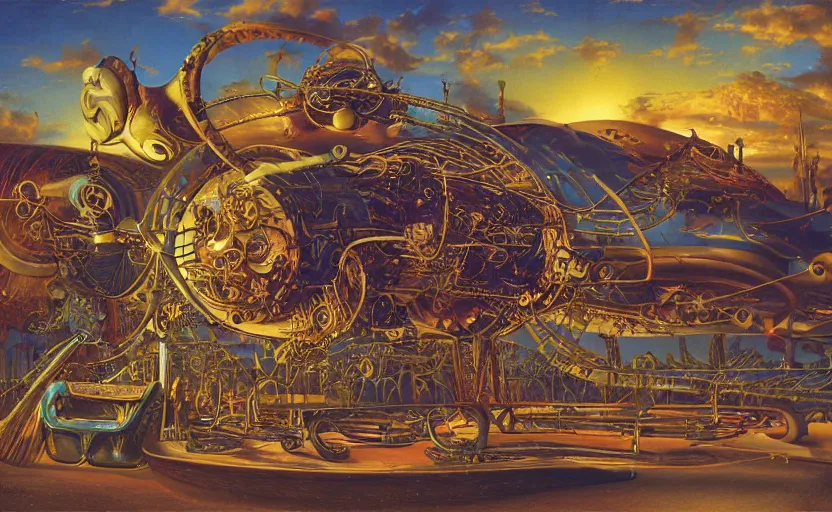 Image similar to “a singular psychedelic steampunk music machine made of intricate guitars pianos saxophones drums and synths, by Vladimir kush , by Roger dean, By syd mead, by josip csoor, 8k resolution, realistic shadows, 3D, rendered in octane, volumetric lighting, hyper detailed, photorealistic, psychedelic”