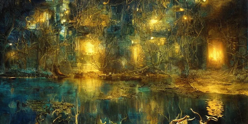 Image similar to a mystic river, the river is full of lights, mysticism, artwork, watercolor, cinematic, exposure, slit - scan photography, 4 k, ultra - hd, incandescent, ray tracing reflections, insanely detailed and intricate, elegant, ornate, hyper realistic, super detailed by dorothea tanning, by bruce pennington