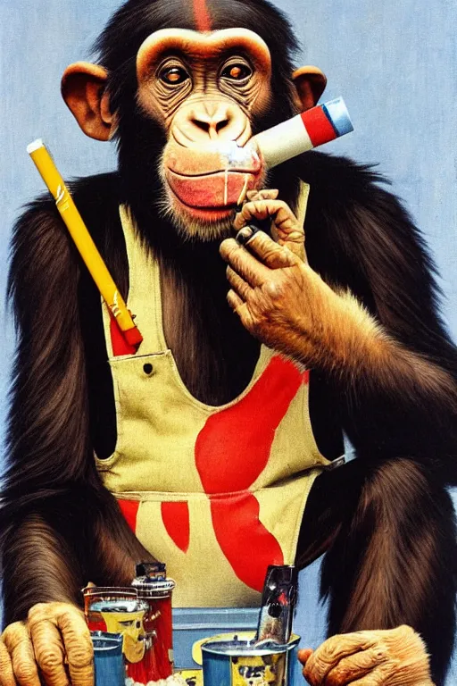 Image similar to a chimp in a clown suit, smoking a cigarette, painted by Norman Rockwell