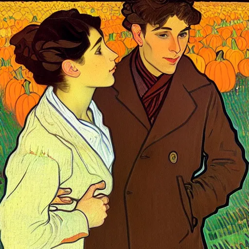 Image similar to painting of handsome young delicate beautiful jeffrey in his 2 0 s with brown hair and gorgeous rina together at the pumpkin patch in october, elegant, clear, painting, stylized, art, art by alphonse mucha, vincent van gogh, egon schiele