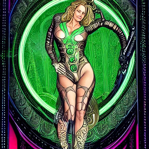 Image similar to Jeri Ryan in the role of Seven of Nine the Borg from star trek, art nouveau, amazing details, intricate details, beautiful ,insane details , tarot card, black paper, neon green, fractal system circuit , in the style of Alphonse Mucha,