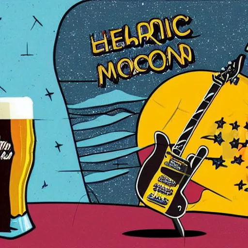 Prompt: an electric guitar headstock and a beer can on the moon. detailed. cartoon