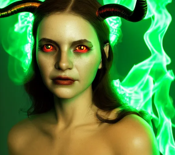 Image similar to portrait of a woman with horns made of flames and glowing green eyes, in the wisps of thick smoke, looking into the camera, studio photography, studio lighting, realistic render, octane render, 4 k, 8 k, face in focus