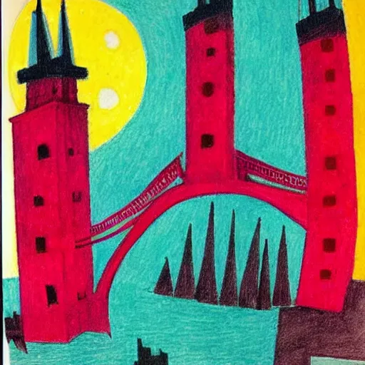 Image similar to bright, costume shocking by rufino tamayo. a beautiful drawing of a cityscape with tall spires & delicate bridges.