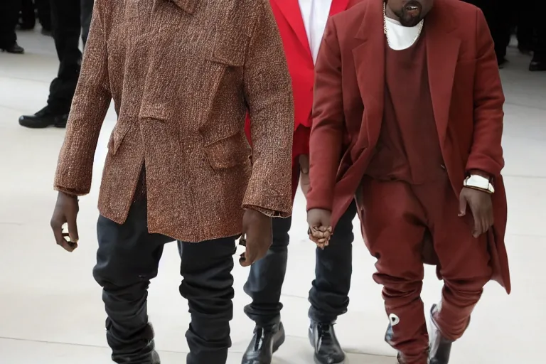 Image similar to kanye west wearing a suit made of steak, runway photo