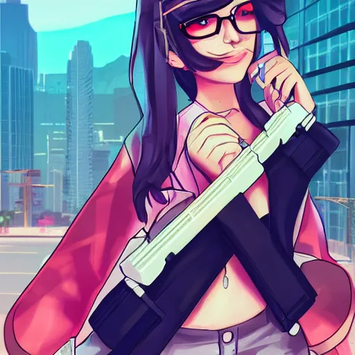 Prompt: LilyPichu in the style of gta san andreas, holding weapon in the style of artgerm, rossdraws