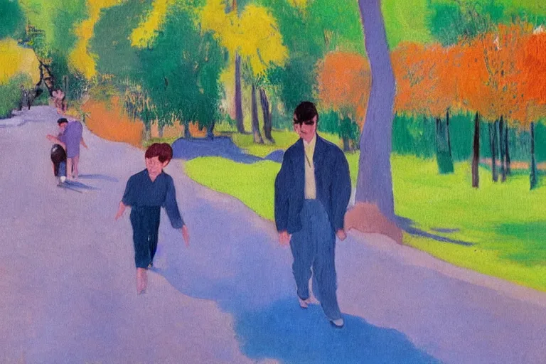 Image similar to a tall man with dark hair holding the hands of a small boy with dark hair as they walk down a suburban highway on a bright beautiful colorful day. part in the style of an edgar degas painting. part in the style of david hockney