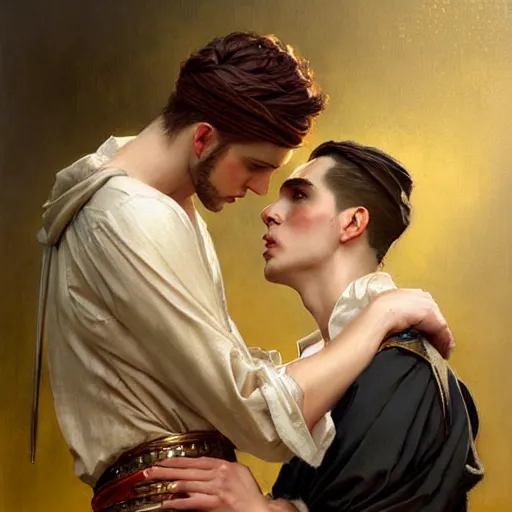 Prompt: attractive fully clothed king confesses his love for his attractive fully clothed male prince. highly detailed painting by j. c. leyendecker, craig mullins, tom bagshaw,