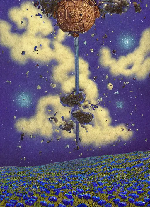 Image similar to detailed, intricate blue black and purple papaverum flower on the field, nebula, galaxy in the sky, winning award masterpiece, fantastically beautiful, illustration, aestheticly inspired, jacek yerka, upscale with anguissola sofonisba work, artstation, 8 k