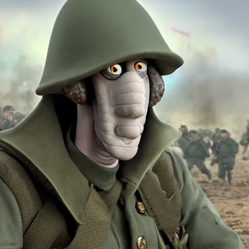 Prompt: Squidward as an English soldier fighting at Normandy, hyperrealistic