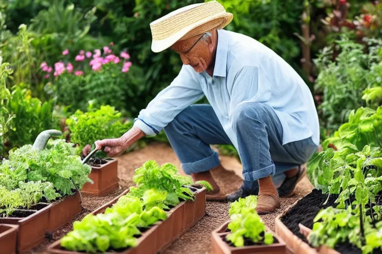 Prompt: sixty - year - old man wearing a straw hat and a long - sleeved shirt looking down to the ground kneeling beside a healthy luscious beautiful vegetable garden with gardening tool leaning by his side