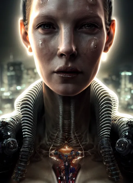 Image similar to 3 / 4 portrait, queen, crown, transparent skin, muscle, bones, veins, nerves, hyperrealism, detailed, photorealistic, cyberpunk apocalyptic city, futuristic, ultra realistic, cinematic, intricate, cinematic light, unreal engine 8 k, octane render, unreal engine by charlie bowater, david kostic, stanley lau, artgerm