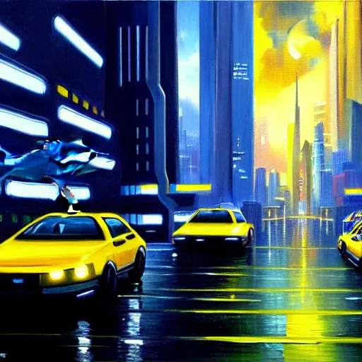 Image similar to flying futuristic taxis in cyberpunk city, oil painting