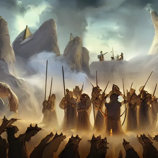 Image similar to a crowd of medieval people with Pitchforks and torches standing on clouds, higly detailed, ambient lighting, mystic, rpg artwork