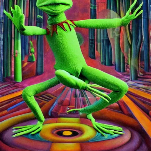 Prompt: kermit the frog as a holy sacred god enlightened on acid in the labyrinth woods as a masterpiece painting by john chamberlain and judy chicago, trending on art station