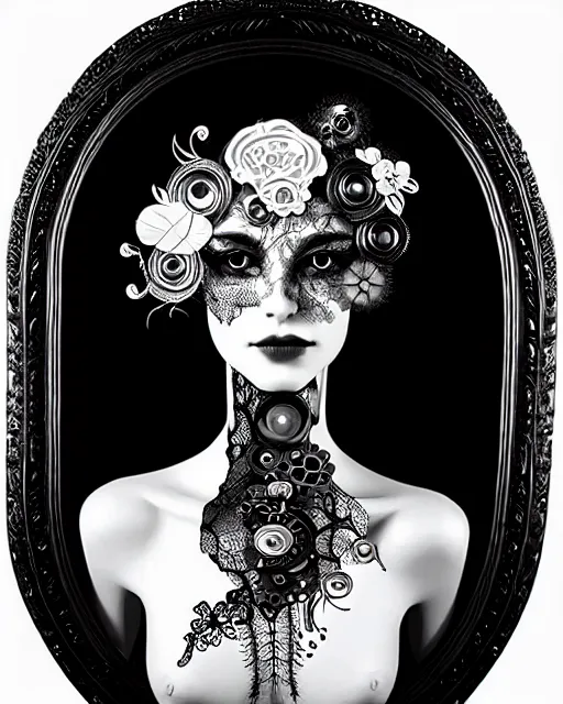 Prompt: black and white masterpiece profile portrait painting with no frame, one steampunk eye silver lace floral biomechanical beautiful young female cyborg, big monocular, volumetric light, hibiscus flowers, by hg giger, rim light, big gothic fashion pearl embroidered collar, 8 k