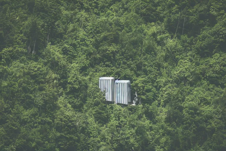 Prompt: sci fi nuclear containment buildings in a steep sided valley with trees, madman in gasmask fighting mutants, a sense of hope and optimism, birds overhead, stark light, day time, unsplash, national geographic, hd, high res