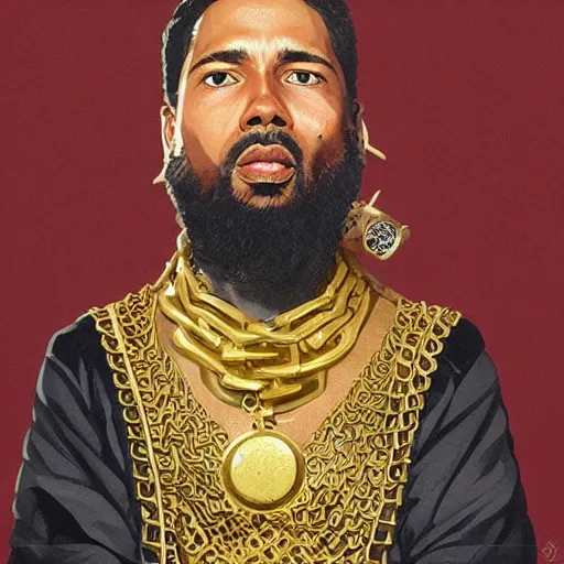 Image similar to a painting of hordor dripped out, gold rings, gold chain, stylish, gold grill by sachin teng