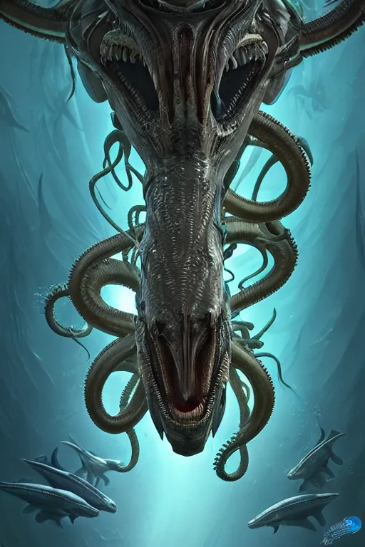 Prompt: underwater xenomorph alien mixed with sharks extra teeth, tentacles, labyrinth, highly detailed, digital painting, artstation, concept art, smooth, sharp focus, illustration, unreal engine 5, 8 k, art by artgerm and greg rutkowski and alphonse mucha and ifbb pro fitness photograph, giger