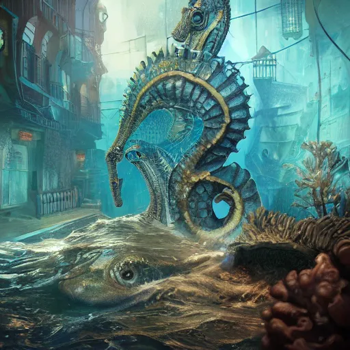 Image similar to a seafloor view of a seahorse swimming on the street corner of the steampunk city of Atlantis by Cedric Peyravernay, highly detailed, full view of seahorse, excellent composition, cinematic concept art, dramatic lighting, trending on ArtStation