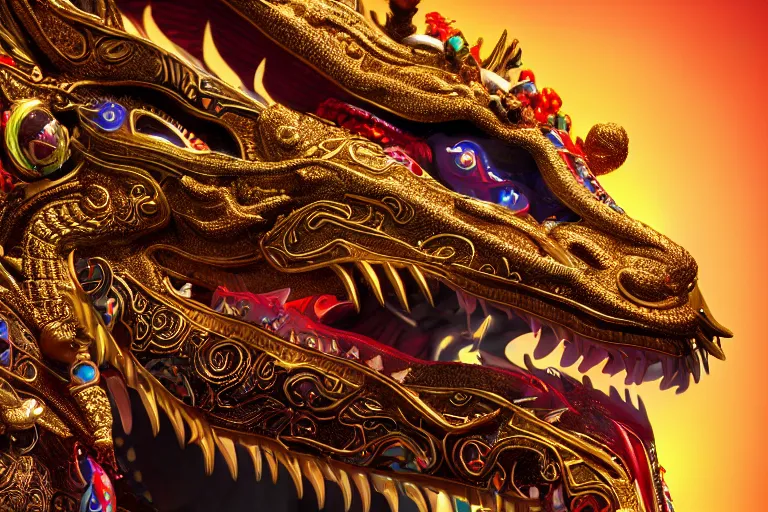 Prompt: cinematic closeup portrait of a golden chinese dragon intricately decorated with colorful jewels, detailed textures, strong bokeh, sunrays, dramatic sunset lighting, unreal engine, cgsociety, artstation, 4k