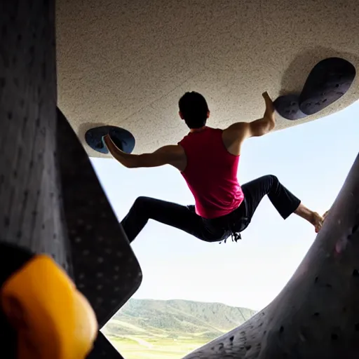 Prompt: a man in an airplane is watching his friends bouldering