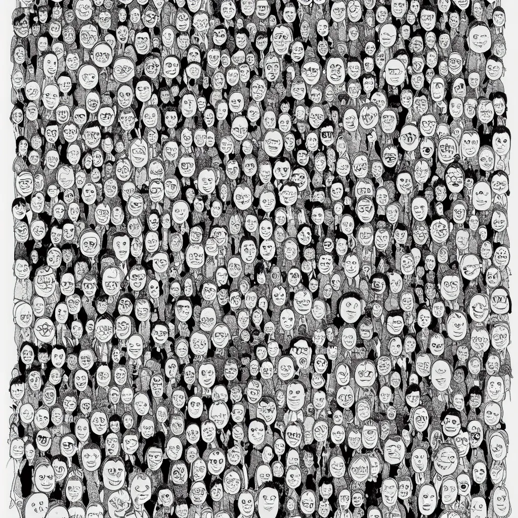 Prompt: 1000's cartoon faces made of cartoon faces, by Mattias Adolfsson!!!!, greeble!!, extremely detailed ink painting