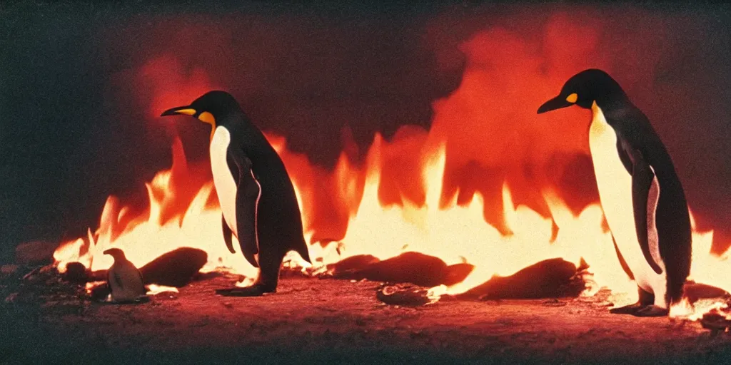 Prompt: detailed medium format photo, polaroid still from tarkovsky movie, penguin standing on burning hot coals, haze, high production value, intricate details, 8 k resolution, hyperrealistic, hdr, photorealistic, high definition, tehnicolor, award - winning photography, masterpiece, amazing colors