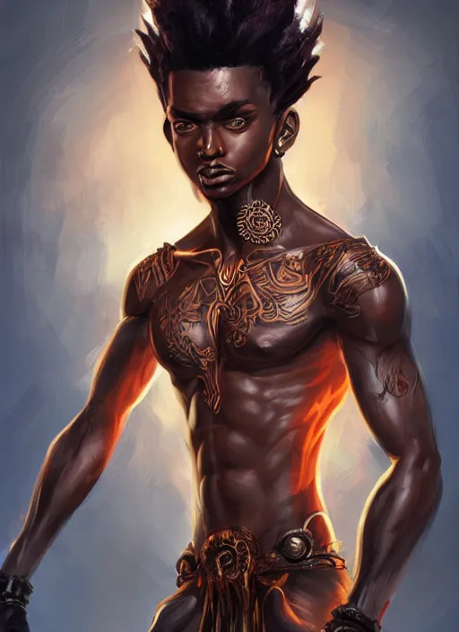 Prompt: a highly detailed illustration of attractive young african guy with flat top hair, with flaming tattoos, dramatic standing pose, intricate, elegant, highly detailed, centered, digital painting, artstation, concept art, smooth, sharp focus, league of legends concept art, wlop