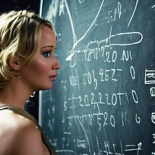 Prompt: the first still from the professor, directed by christopher nolan, shows jennifer lawrence at a chalkboard explaining data pipelines 4 k