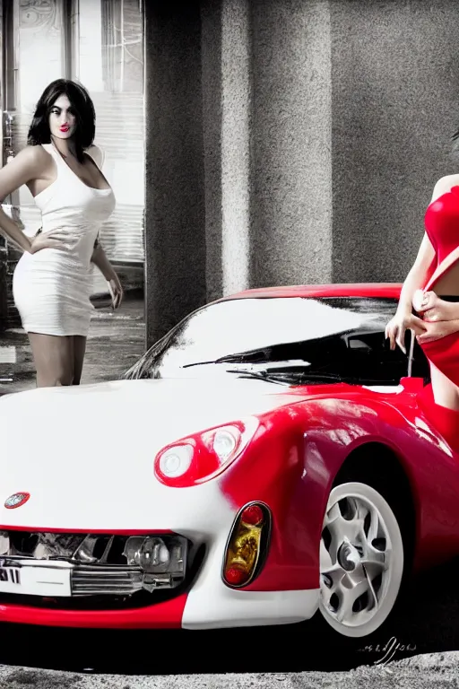 Prompt: A sexy supermodel, photorealistic, hyperrealistic, voluptuous, red lipstick, white dress, standing next to a Red TVR Sagaris, HDR, 50mm, volumetric lighting, bokeh, studio soft lighting, professional photography