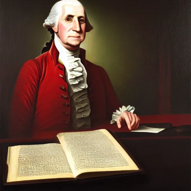 Image similar to ultra - realistic horrifying painting of george washington in a suit reading a dead sea scroll by candlelight, by dave dorman, paul carrick, dark, brooding, volume lighting, atmospheric lighting, painted, intricate, ultra detailed, well composed, best on artstation, cgsociety, epic, stunning, gorgeous, intricate detail, wow, masterpiece