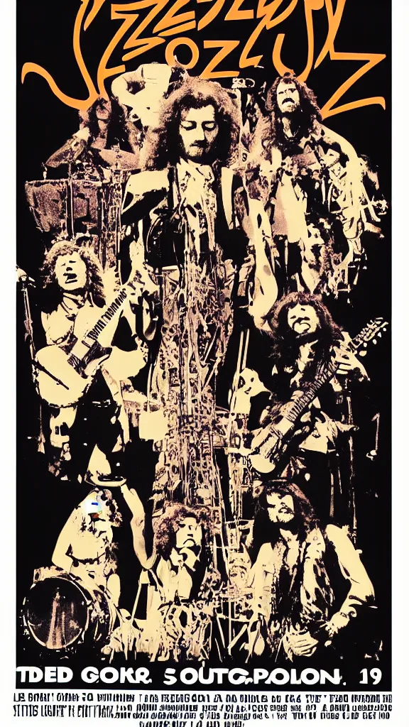 Image similar to Led Zeppelin concert poster circa 1974, Madison Square Garden, colorized, Robert plant, Jimmy Page, guitars, drum kit, minimalist